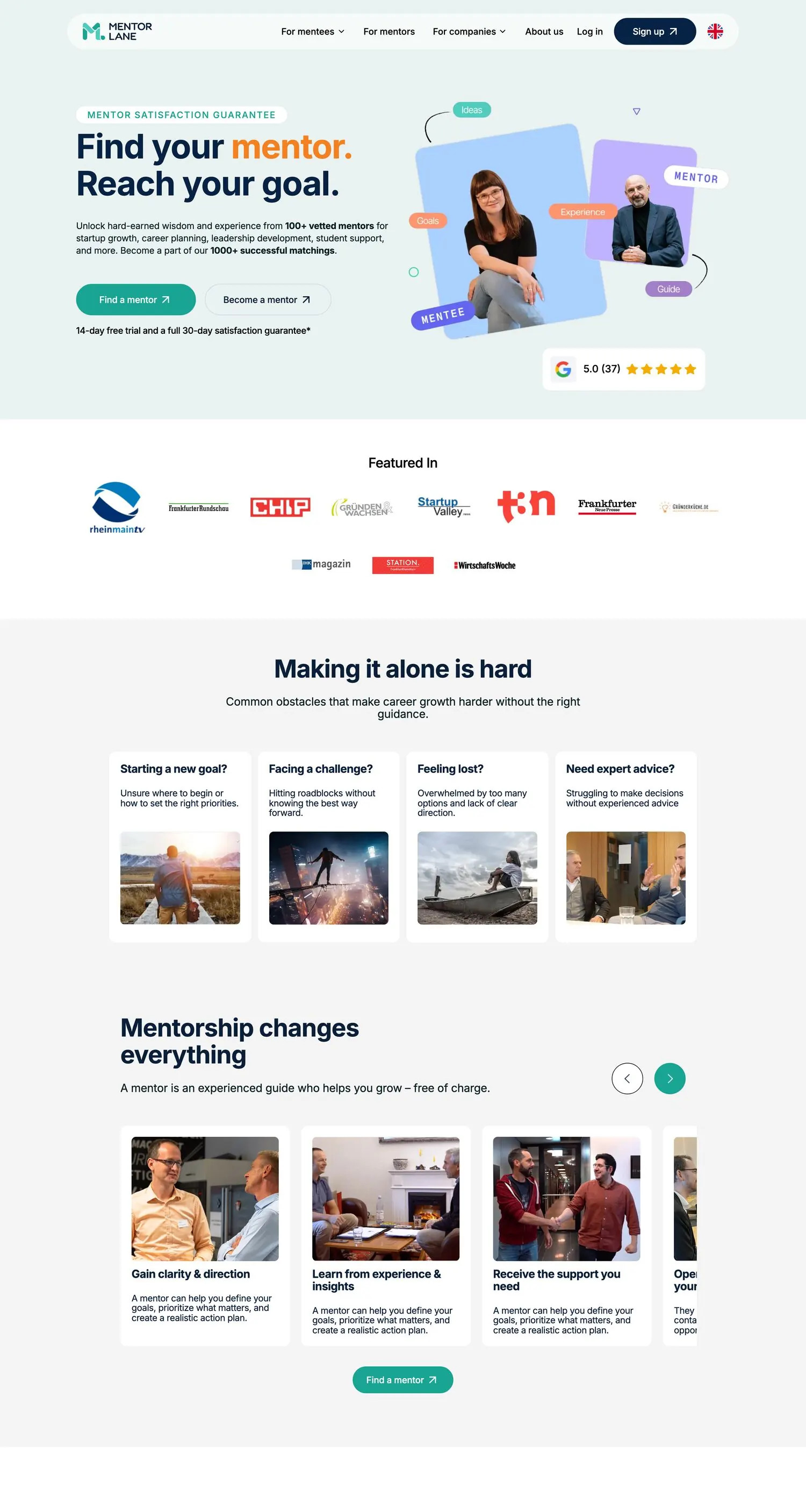The MentorLane home page, showing its mentor matching offer above a band of German press logos
