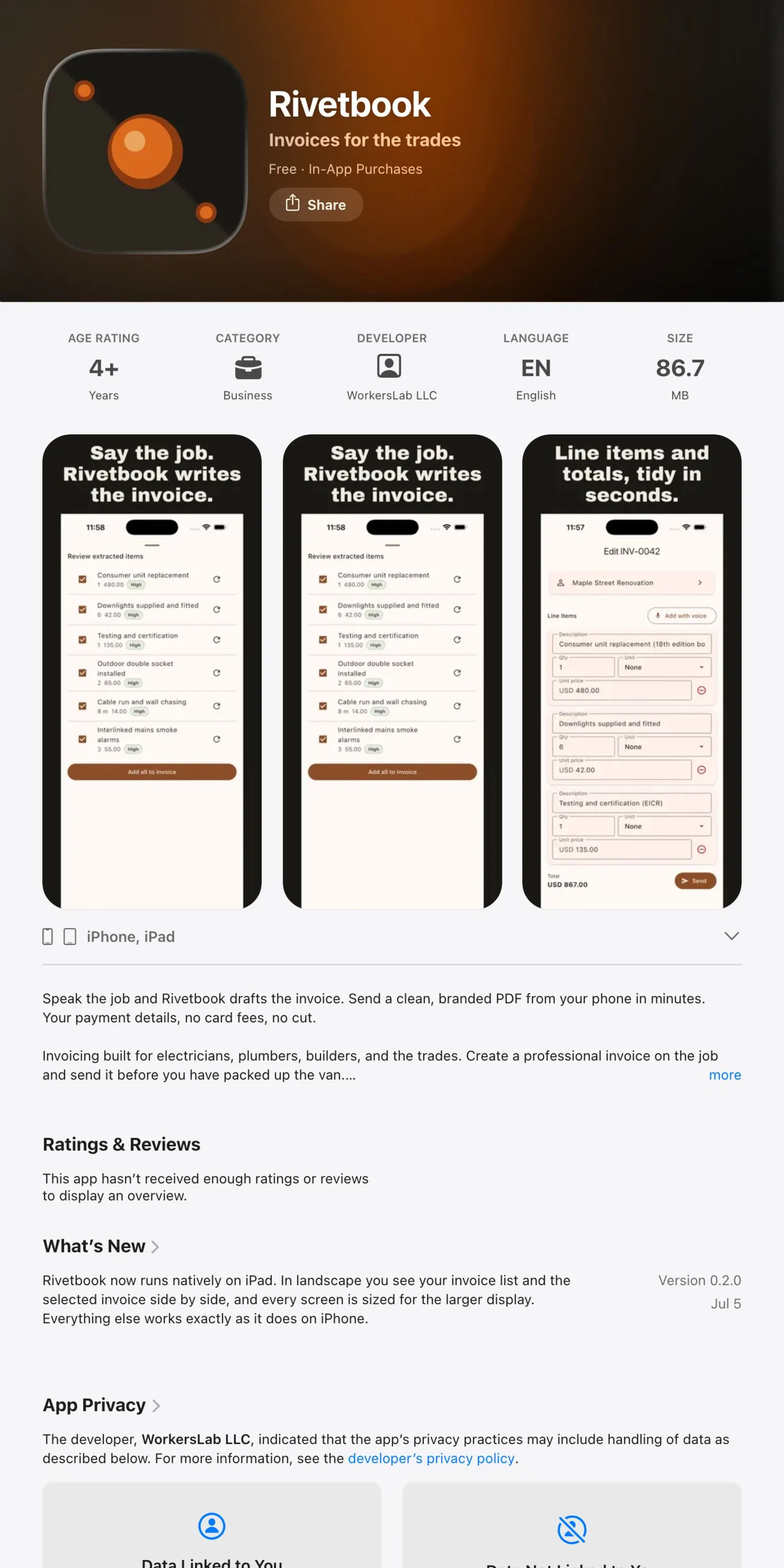 Rivetbook on the App Store, showing invoice screens from the app and its information table