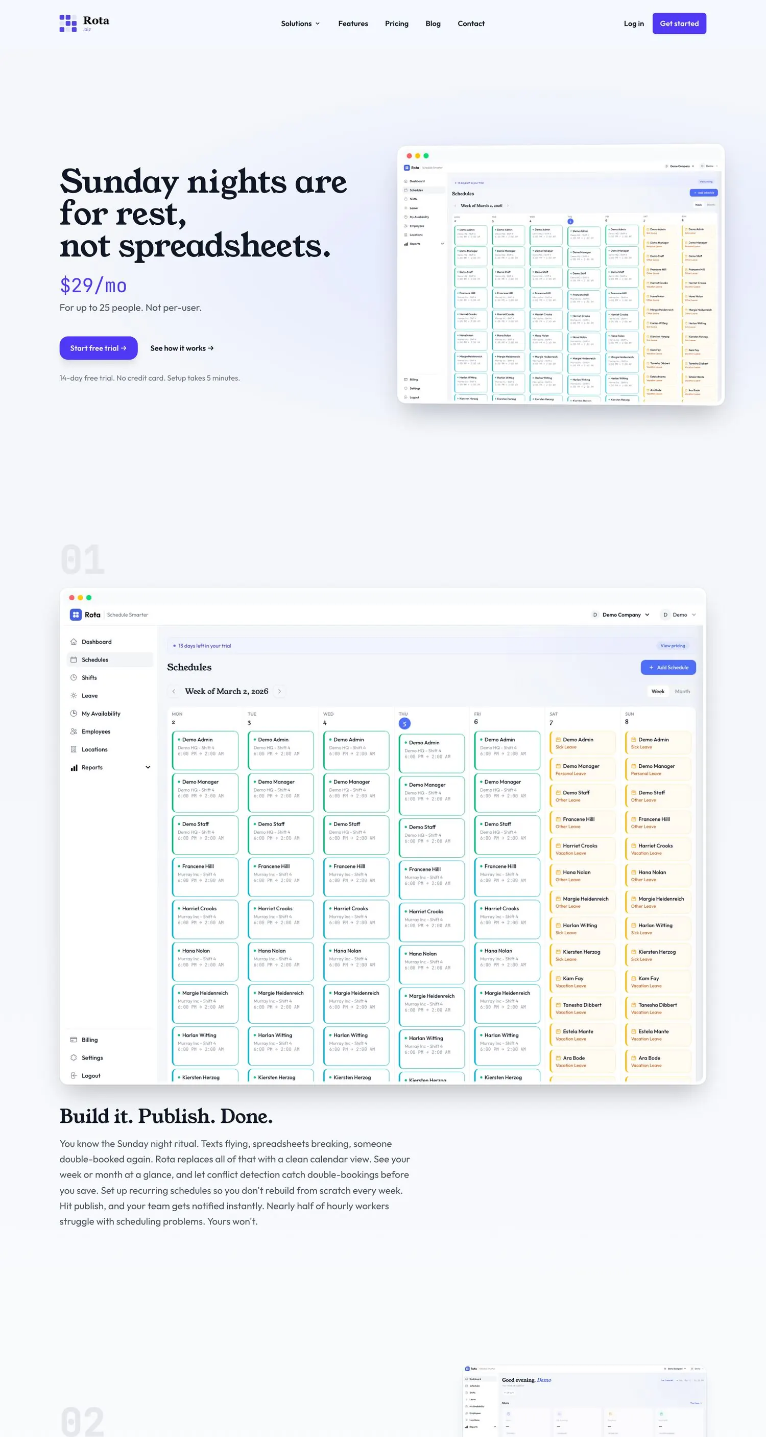 The Rota scheduling interface, showing a week of shifts laid out by employee