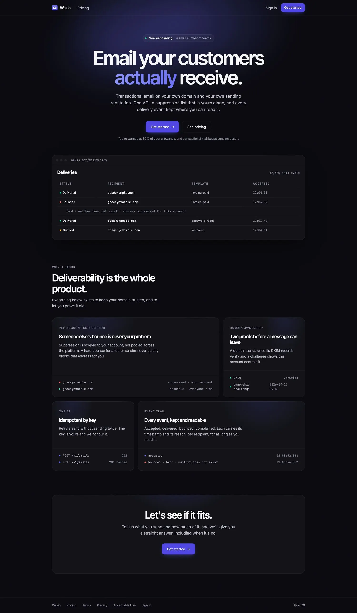 The Wakio home page, describing its sending and suppression behaviour